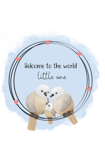 Three birds sit on a wreath with hearts. Two of the birds are parents and they look down at the third little bird who is the new baby. Welcome to the world little one is written above them.