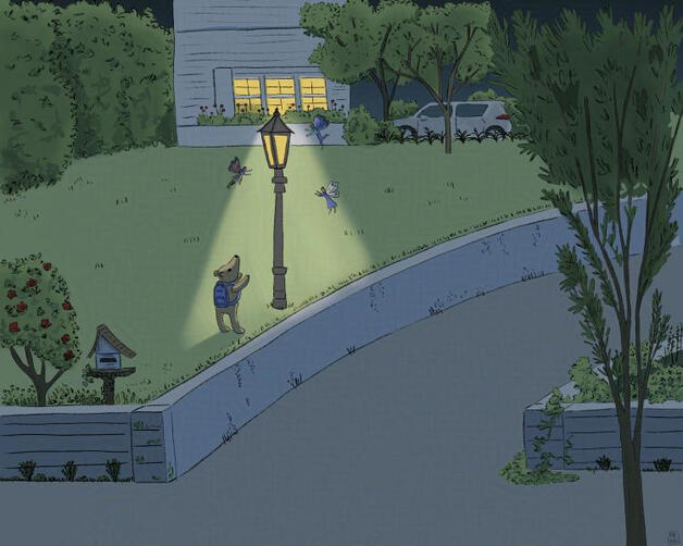 A bear looks up at a lamp with fairies flying around it. The scene is in front of a house and its night time.