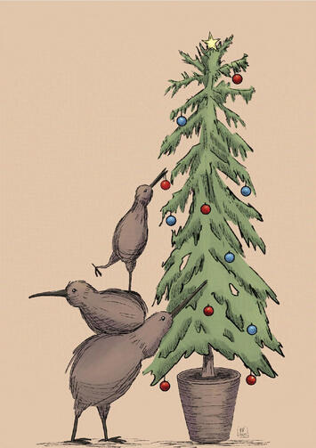 Three kiwis decorate a Christmas tree.