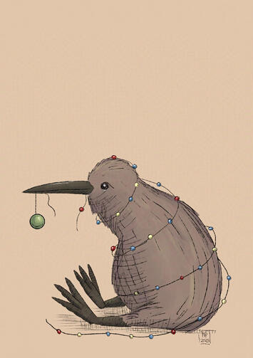 A kiwi is wrapped in Christmas decorations.