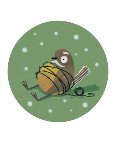 Funny unhinged fantail card. The fantail is wrapped in some Christmas lights.