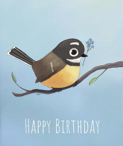 Cute fantail sits on a branch with a little flower in its beak. Happy birthday text is underneath.