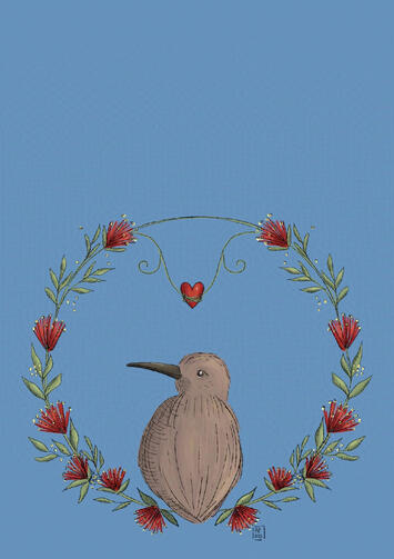 A kiwi sits in Christmas wreath made of pōhutukawas flowers and leaves.