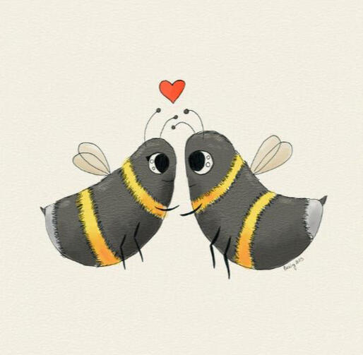 Two bees look at each other with a little heart above them.