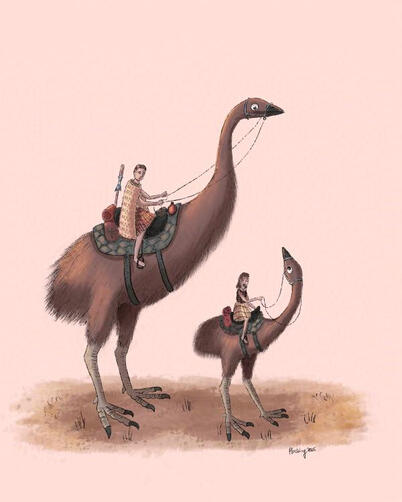 A father and daughter are riding some moas. The daughter rides a smaller moa and its looking up at the larger one.