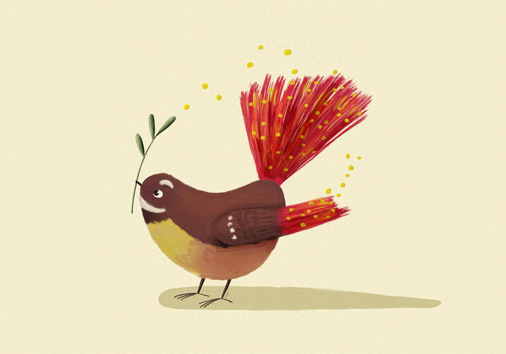 Pōhutukawa Fantail A cute fantail with a pohutukawas flower tail holds a little twig with leaves on it.