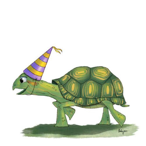 Turtle Birthday Card A turtle with a party hat on runs along excited to get to the party