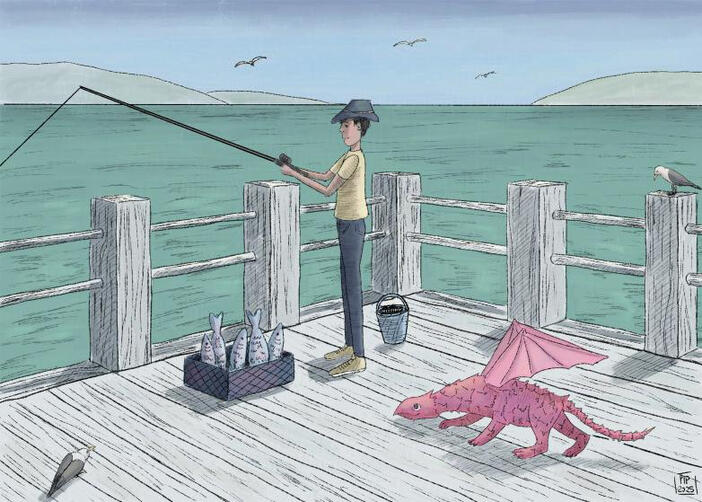 A cute pink dragon sneaks up on a fisherman while he fishes. The dragon is after the fish in a container by his feet.