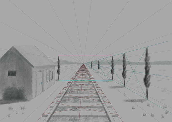 A railway track, house and trees in one point perspective