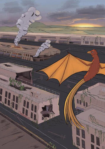 A large phoenix dragon hybrid flys across the abandoned city at sunrise.