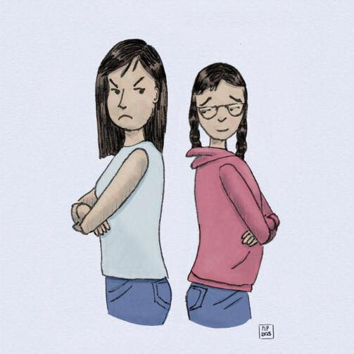 Alice and Veronica from the Monsters of Tebillie Comic. They have there backs to each other and there arms folded.